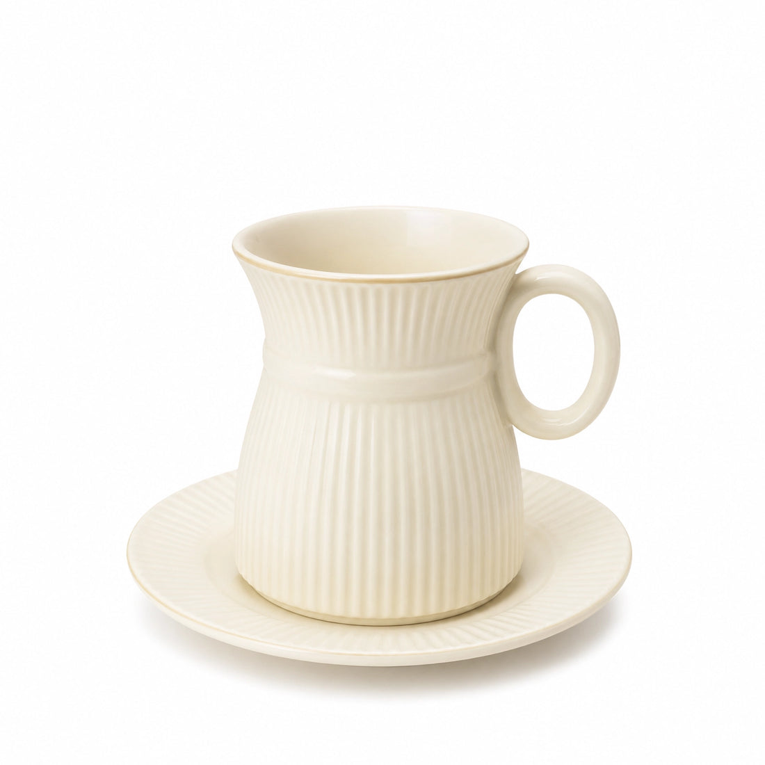 CJ001LC Ceramic Tea Cup & Saucer Set – 12 Pieces – Light Cream Ribbed Design with Gold Rim