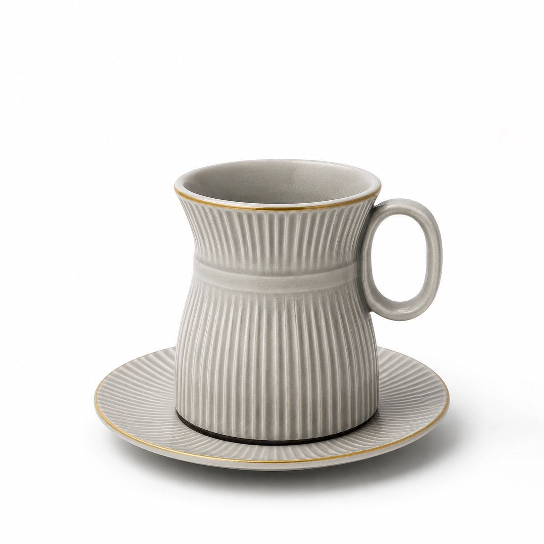 CJ001LG Ceramic Tea Cup & Saucer Set – 12 Pieces – Light Grey Ribbed Design with Gold Rim