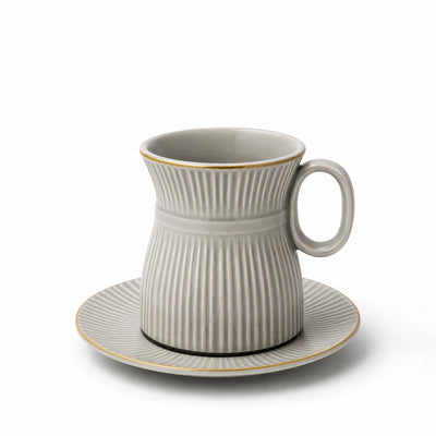 Ceramic Tea Cup & Saucer Set Light Grey Ribbed Design with Gold Rim Siddiq Gifts