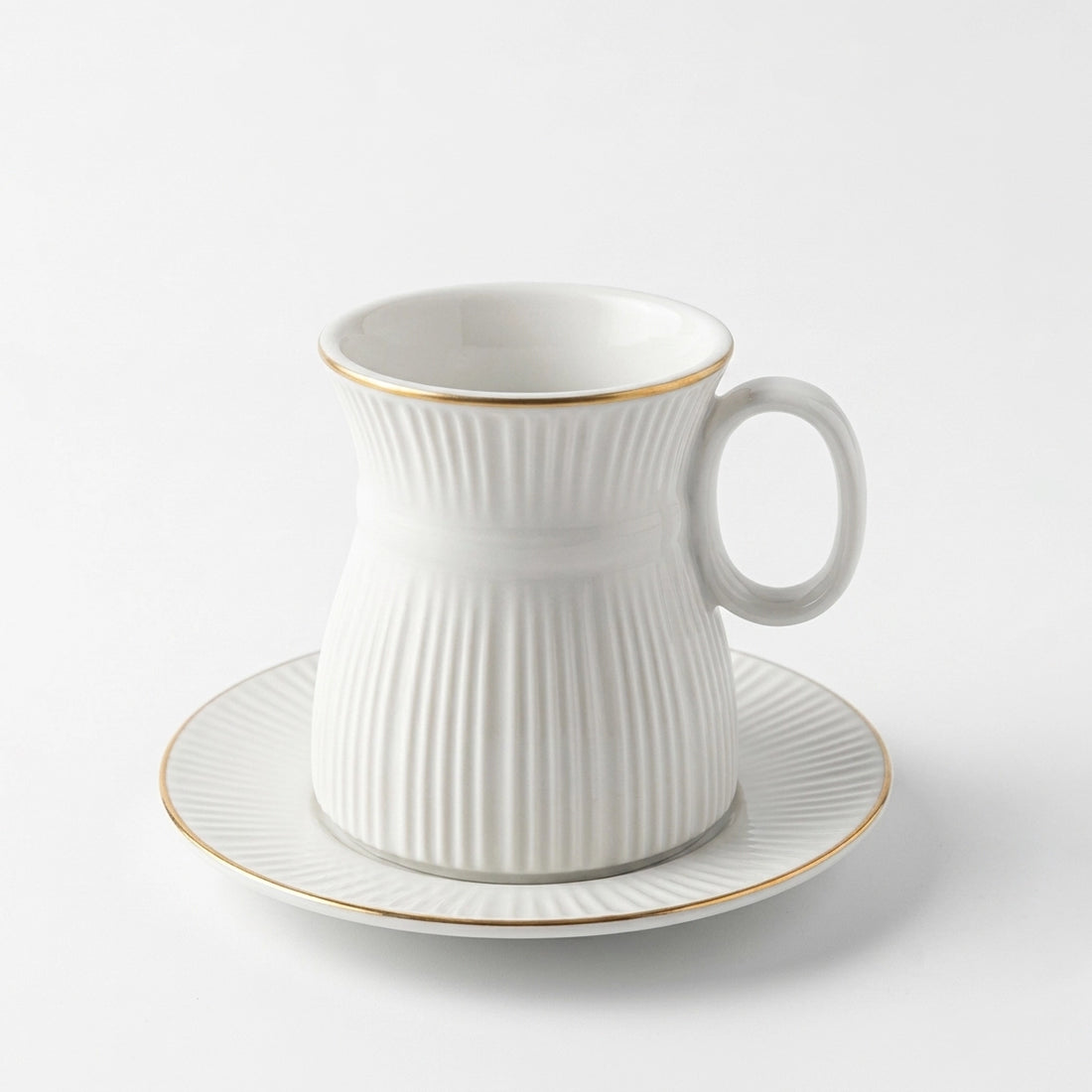 CJ001W Ceramic Tea Cup & Saucer Set – 12 Pieces – White Ribbed Design with Gold Rim