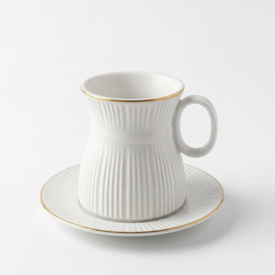 Ceramic Tea Cup & Saucer Set White Ribbed Design with Gold Rim Siddiq Gifts