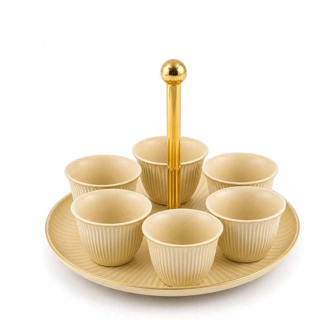 CJ003B Ceramic Cawa Cup Set with Gold Handle Serving Tray – 7 Pieces – Beige with Gold Rim