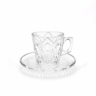 Clear Glass Tea Cup with Saucer Set 12 Pieces Elegant Embossed Design Siddiq Gifts