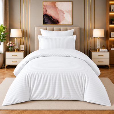 COMF SIDDIQ 300TC Single Comforter Set, 4 Pieces, in White with Hotel Stripe Design at Siddiq Gifts.
