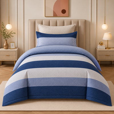 COMF SIDDIQ Single Comforter Set, 4 Pieces, in Blue and White Stripe Design at Siddiq Gifts.