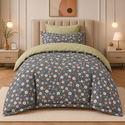 COMF SIDDIQ Single Comforter Set, 4 Pieces, in Grey with Multicolor Floral Design at Siddiq Gifts.