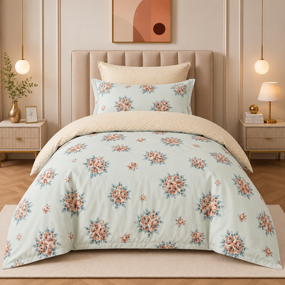 COMF SIDDIQ Single Comforter Set, 4 Pieces, in Light Green with Peach Floral Design at Siddiq Gifts.