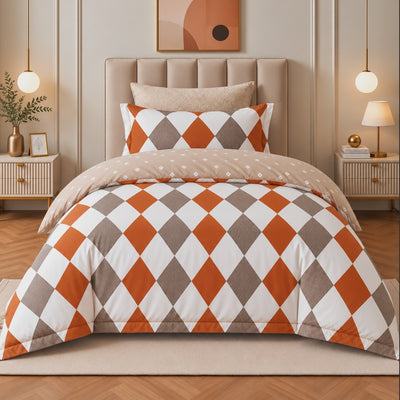 COMF SIDDIQ Single Comforter Set, 4 Pieces, in Orange, Beige and White Geometric Design at Siddiq Gifts.