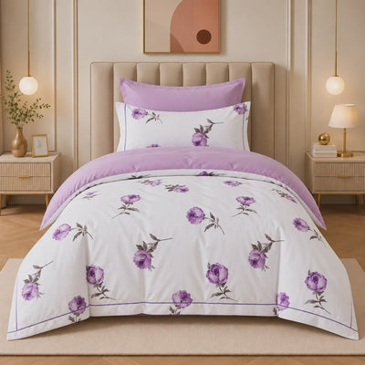 COMF SIDDIQ Single Comforter Set, 4 Pieces, in White with Purple Floral Design at Siddiq Gifts.