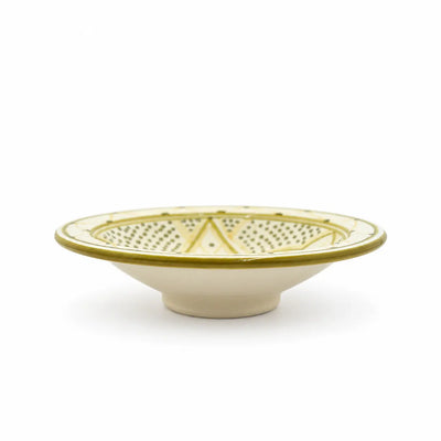Elegant White Cous Sunrise Green Molokhia Ceramic Deep Plate Measuring 23 Cm, Featuring An Olive Green And Gold Decorative Design And Ideal For Serving Molokhia, Soups, Stews, Rice, And Traditional Dishes At Siddiq Gifts.