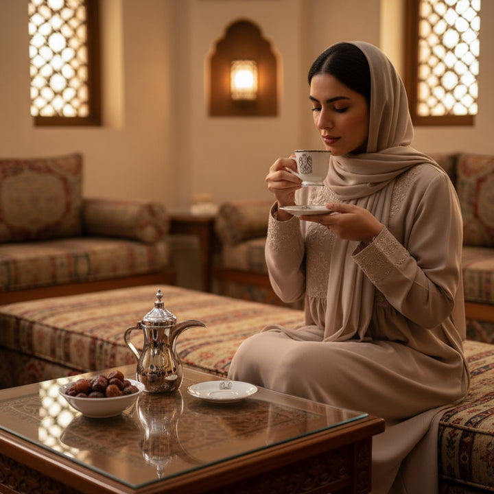 Woman in a beige hijab and dress sitting in a cozy room, holding a teacup.