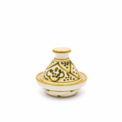 Elegant White Culinary Art Green Molokhia Ceramic Tagine Measuring 9 Cm, Featuring An Olive Green And Gold Decorative Design And Ideal For Presenting Individual Portions, Appetizers, Sauces, Condiments, And Traditional Dishes At Siddiq Gifts.