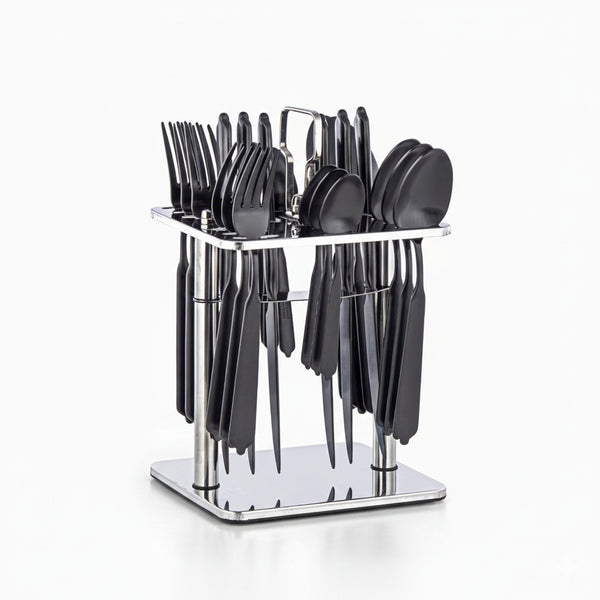 CUT1620091 Stainless Steel Cutlery Set – 24 Pieces Black with Stand | Siddiq Gifts Mussafah Abu Dhabi