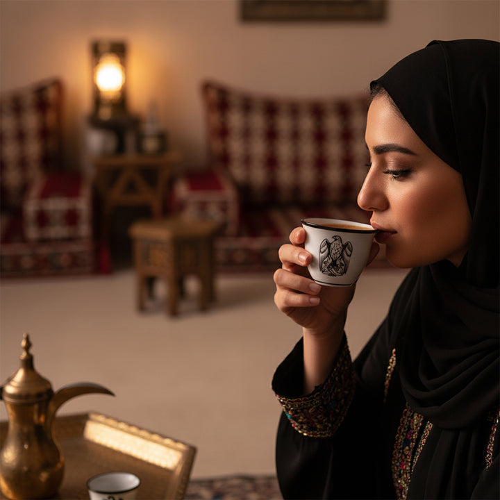 Woman in hijab drinking from a cup in a cozy room with warm lighting.