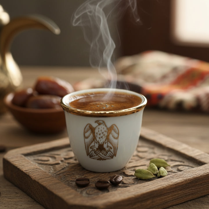 Steaming cup of coffee with a decorative emblem on a wooden tray, surrounded by coffee beans and cardamom pods.
