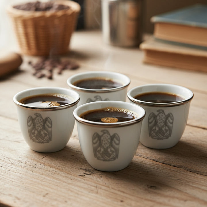 Four white ceramic cups with decorative handles filled with coffee on a wooden surface.
