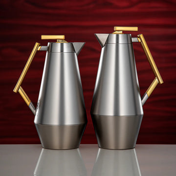 Almarjan Vacuum Flask Set 2 Pieces 0.75L And 1L Matt Nickel With Matt Gold Handle Siddiq Gifts