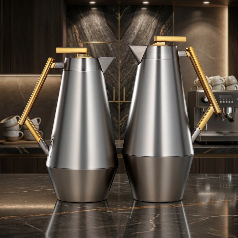 Almarjan Vacuum Flask Set 2 Pieces 0.75L And 1L Matt Nickel With Matt Gold Handle Siddiq Gifts