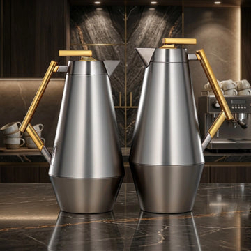 Almarjan Vacuum Flask Set 2 Pieces 0.75L And 1L Matt Nickel With Matt Gold Handle Siddiq Gifts