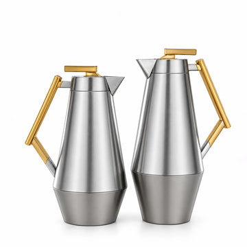 Almarjan Vacuum Flask Set 2 Pieces 0.75L And 1L Matt Nickel With Matt Gold Handle Siddiq Gifts