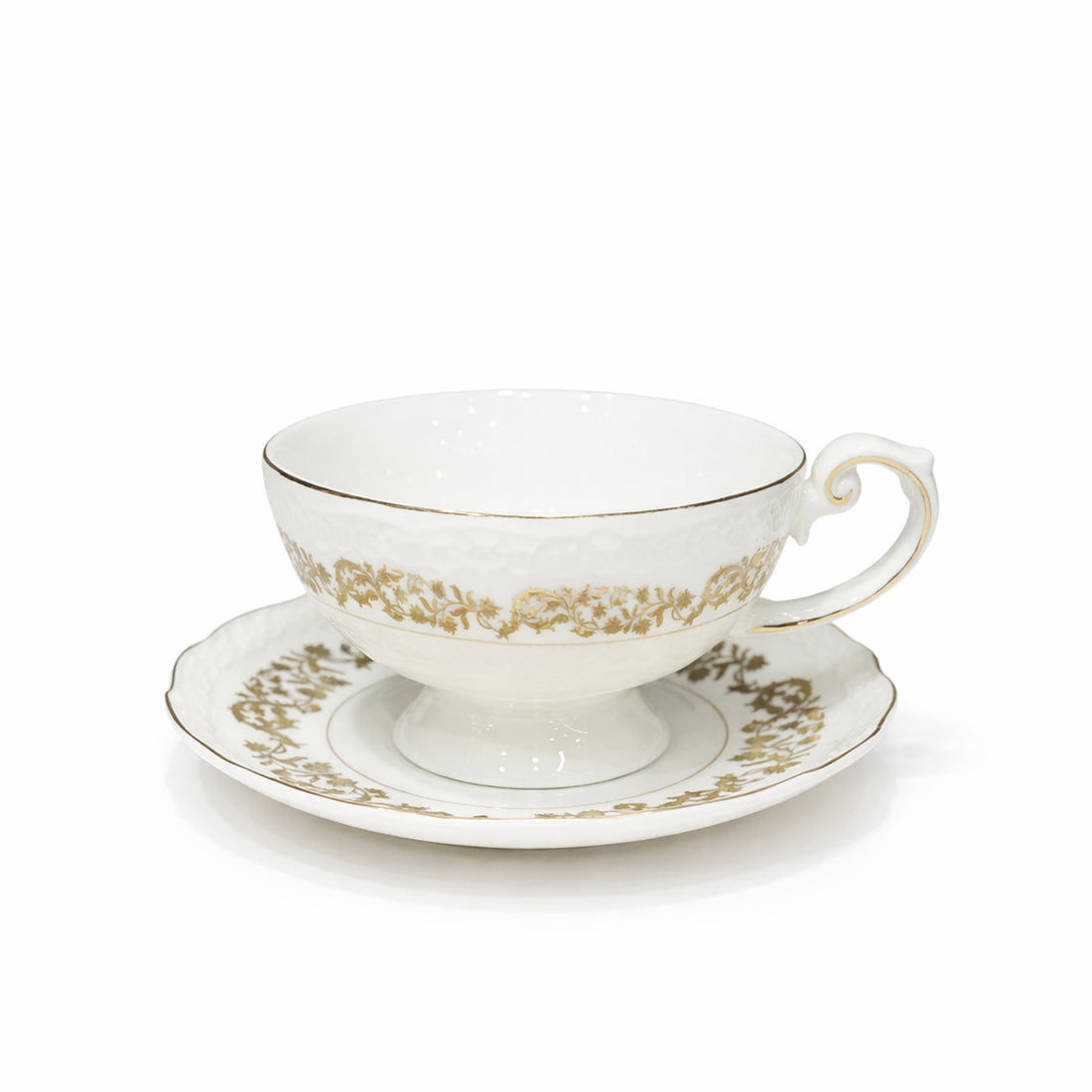 DIP-23 Ceramic Milk Cup & Saucer Set  ( Large ) – 12 Pieces –280 ml – White with Gold Floral Design