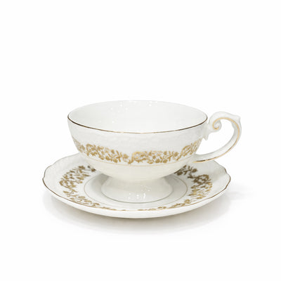 DIP-23 ceramic milk cup and saucer set 12 pieces in white with gold floral design for tea and coffee serving – Siddiq Gifts