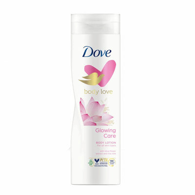Dove Body Love Glowing Care Body Lotion With Lotus Flower Extract And Rice Milk In A 400 Ml Bottle, Designed To Moisturize And Soften The Skin While Supporting A Smooth And Radiant Looking Appearance At Siddiq Gifts.