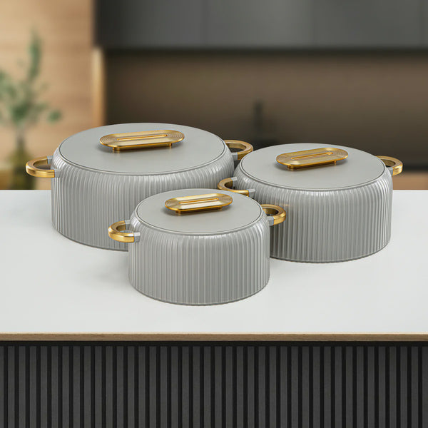EK-200/400/650 Hot Pot 3-Piece Set – Soft Grey & Gold Finish (2000ml, 4000ml, 6500ml)