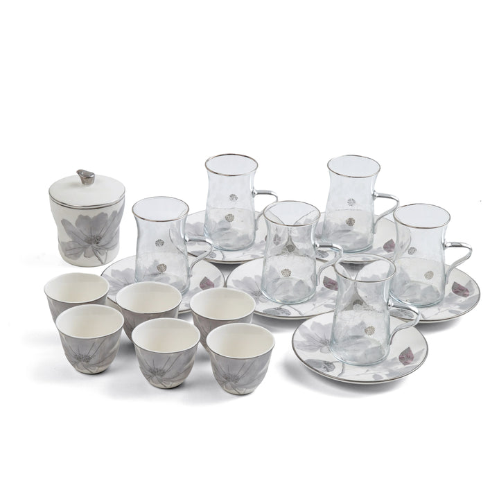 Tea set with marble pattern on a white background