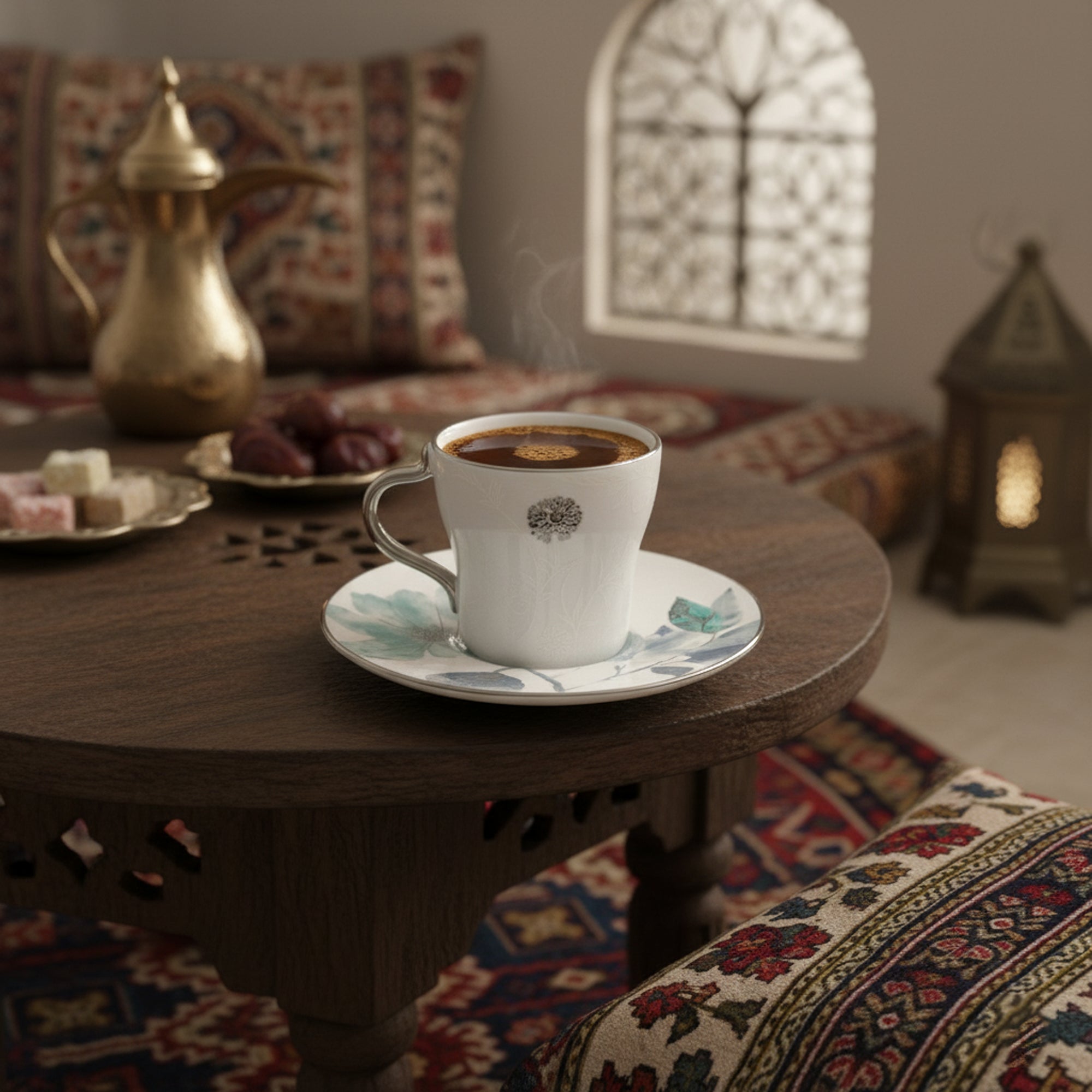 Steaming coffee cup on a saucer with a decorative background