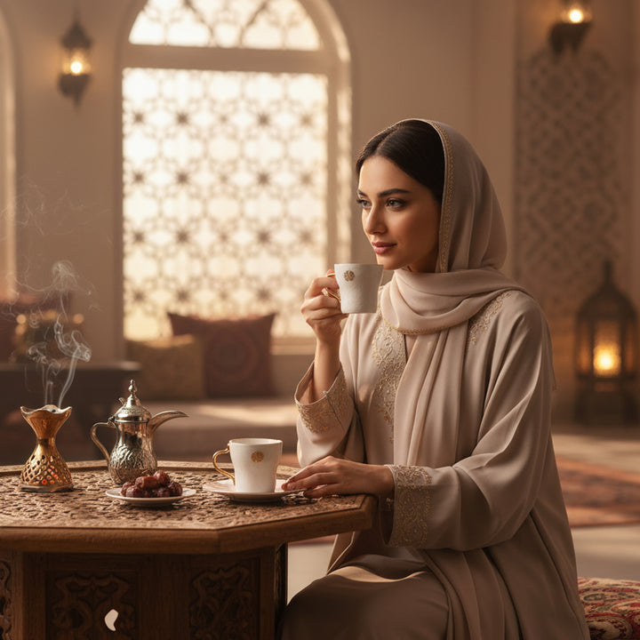 Woman in traditional attire holding a cup in a warm, decorated room.