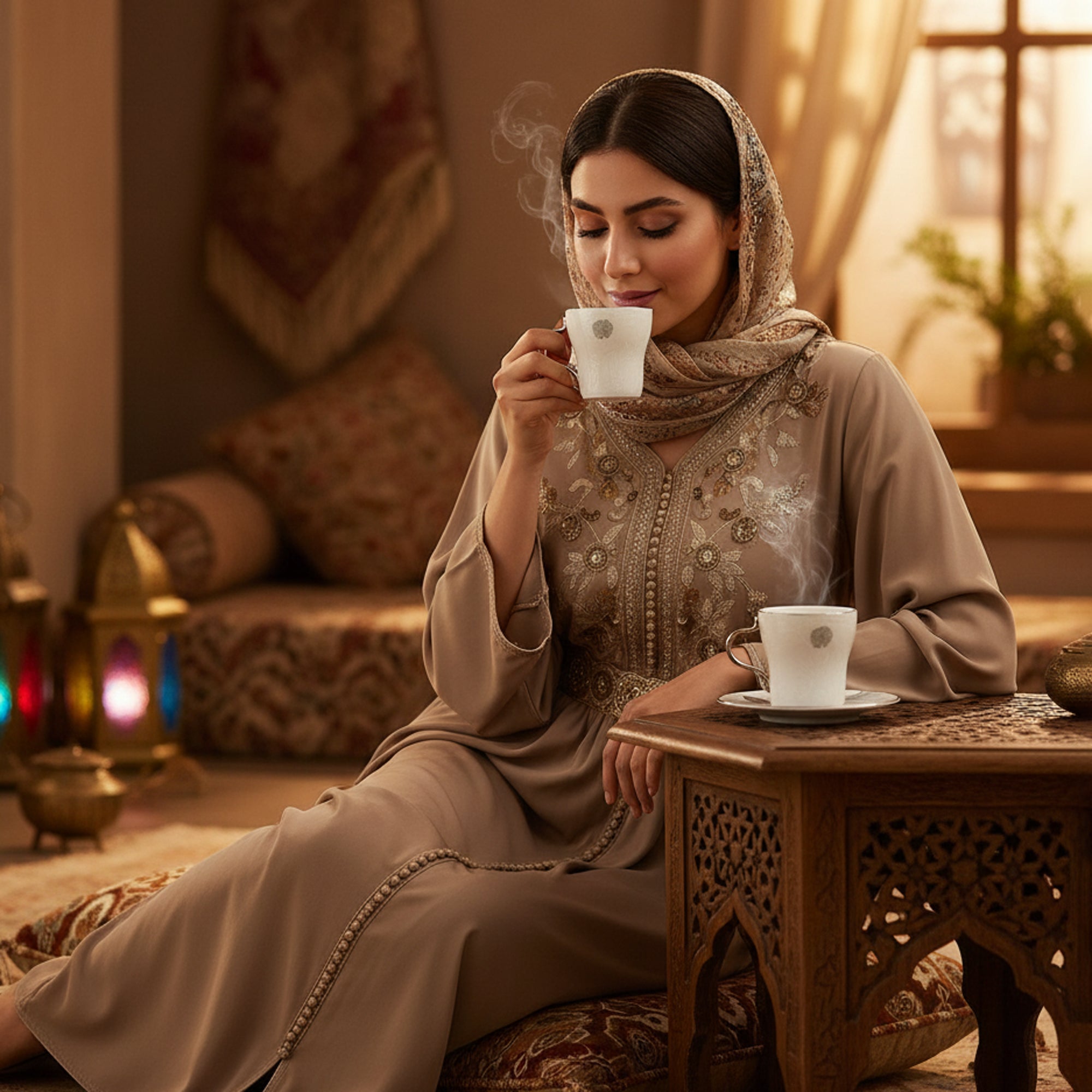Woman in traditional attire drinking from a cup in a warm, decorated room.