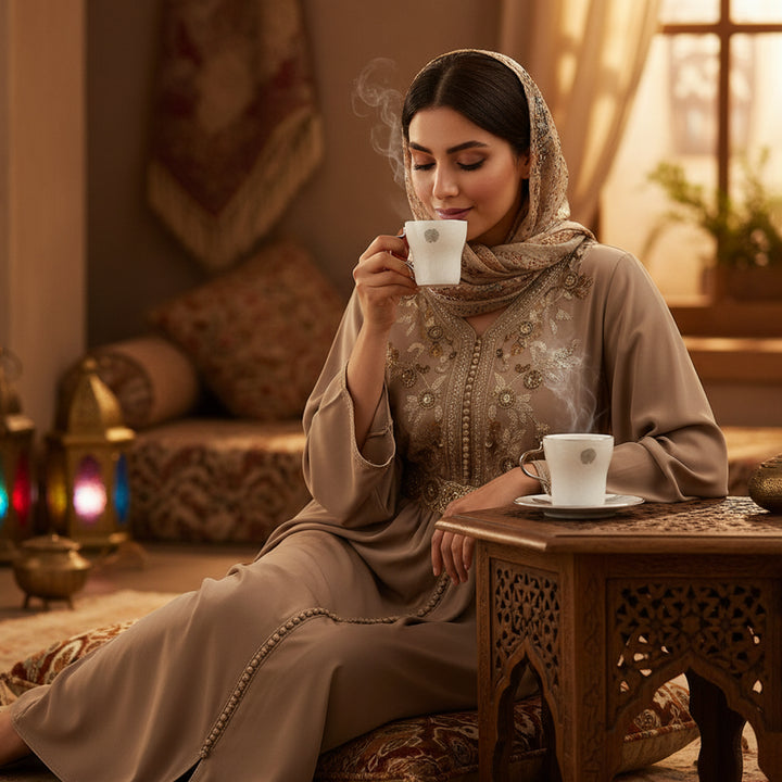 Woman in traditional attire drinking from a cup in a warm, decorated room.