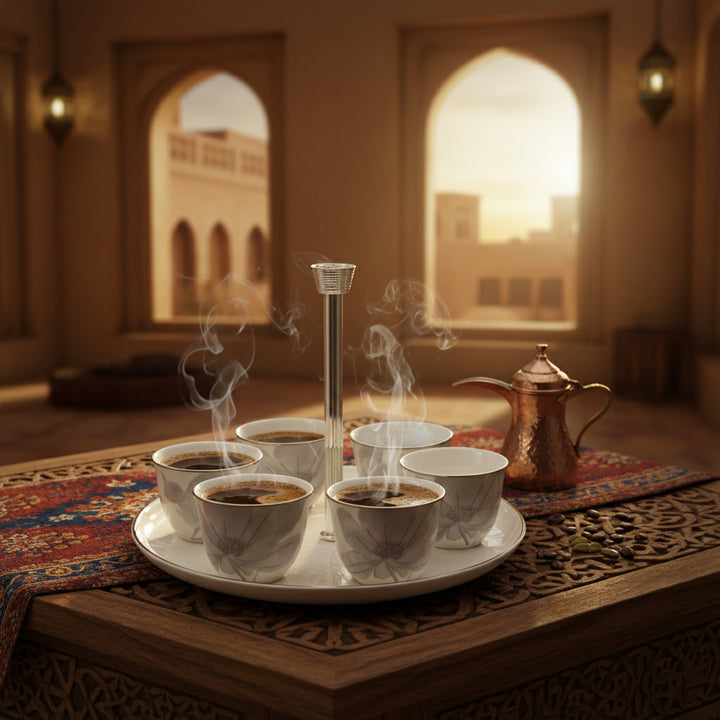 Coffeepot and cups with steam on a tray in a warm, blurred interior setting