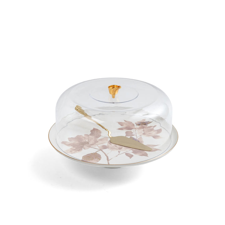 Decorative cheese board set with floral design and gold accents on a white background