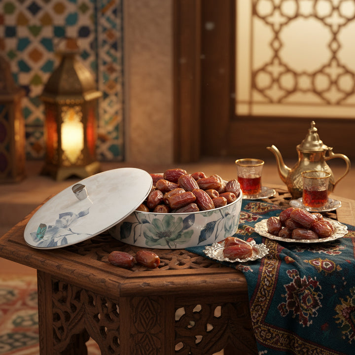 Decorative table setting with dates, teapot, and cups on a patterned tablecloth.