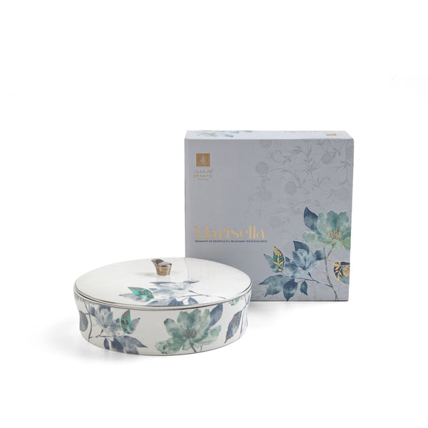 Decorative bowl with floral design and matching box on a white background
