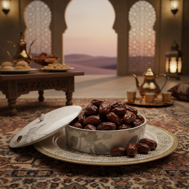 Bowl of dates on a decorative plate with a warm, blurred background