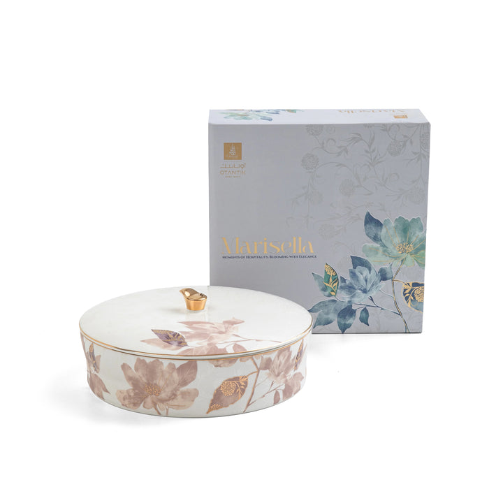 Decorative ceramic bowl with floral design and matching box on a white background