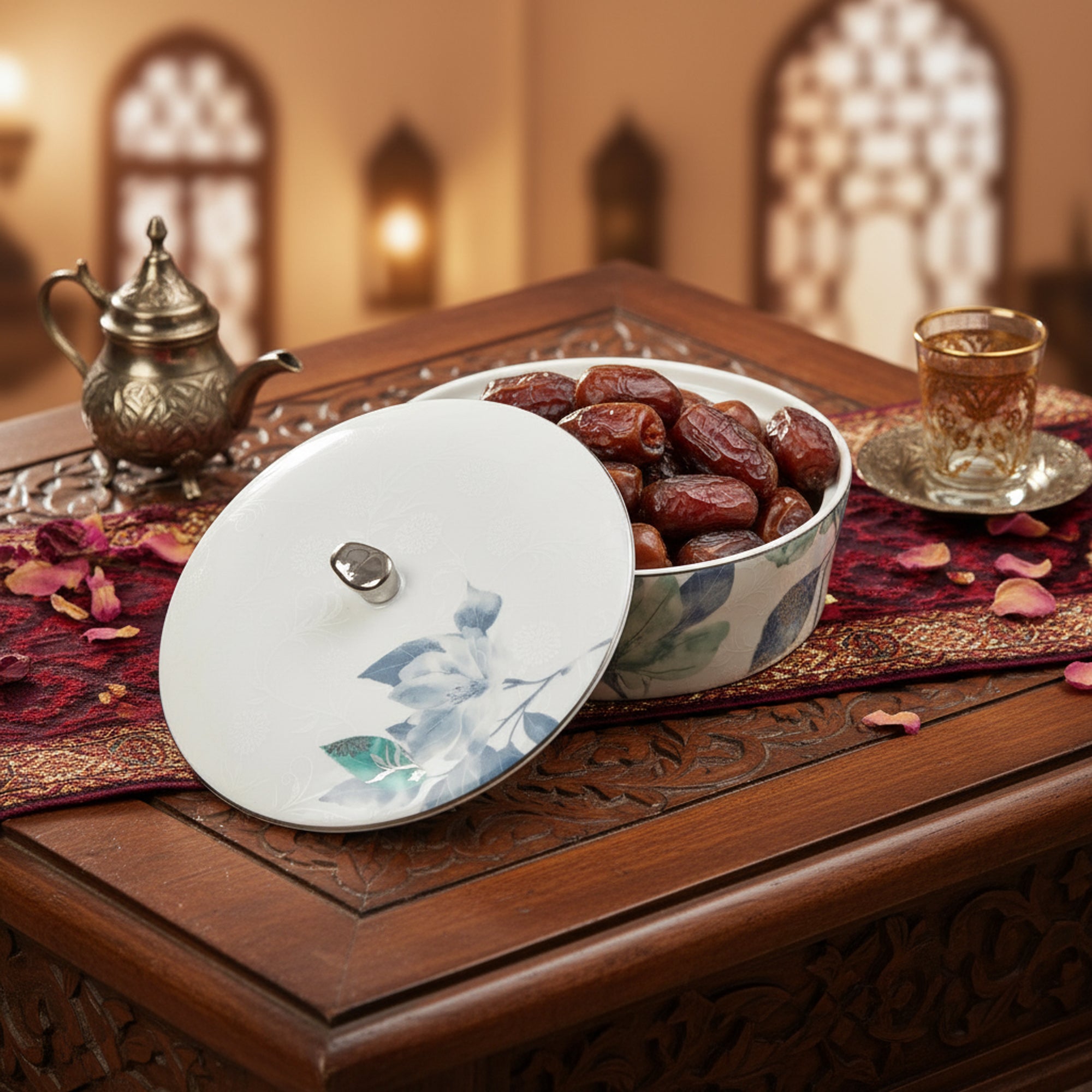 Decorative bowl with dates on a wooden table with a teapot and glass of tea.