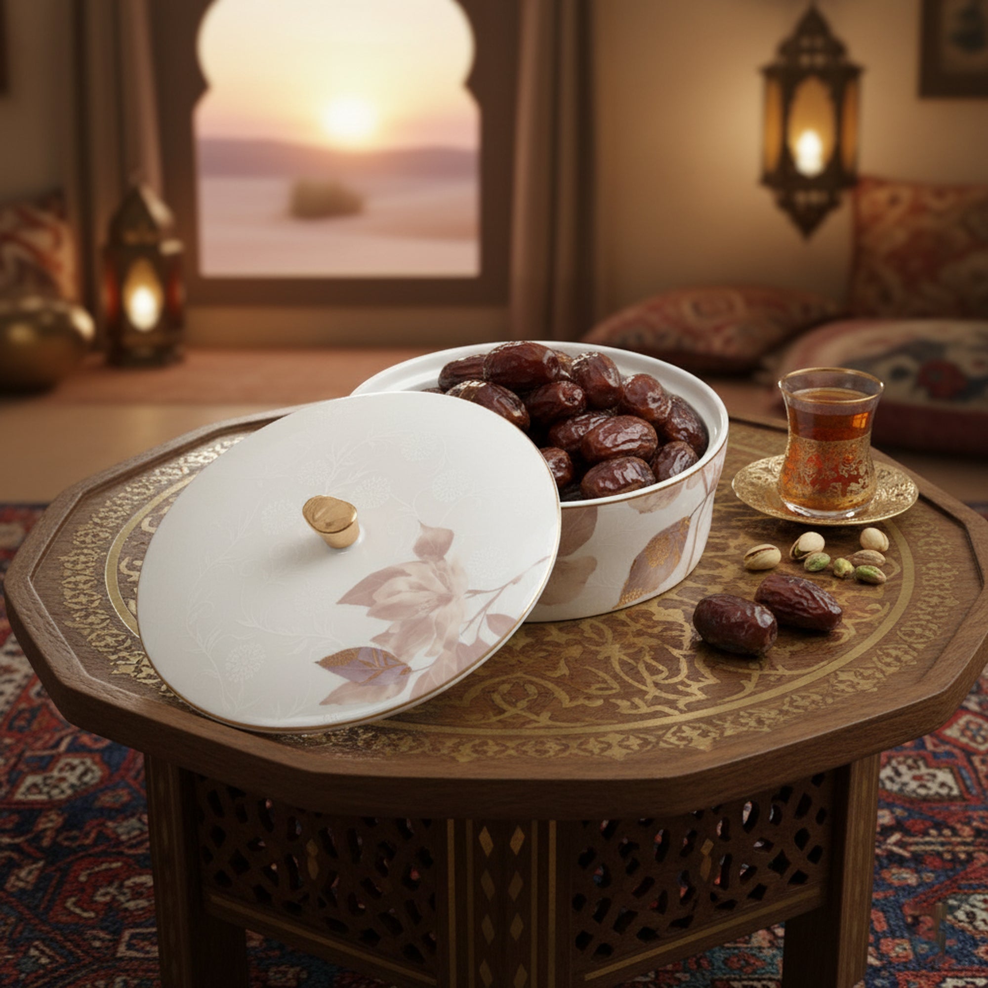 Decorative table setting with dates, tea, and a teapot in a warm, inviting room.