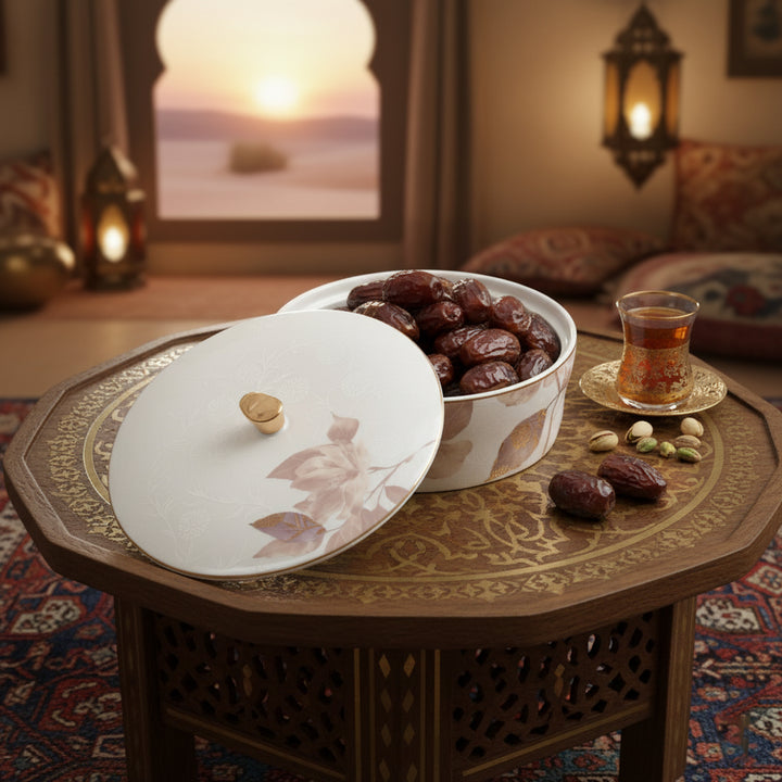 Decorative table setting with dates, tea, and a teapot in a warm, inviting room.