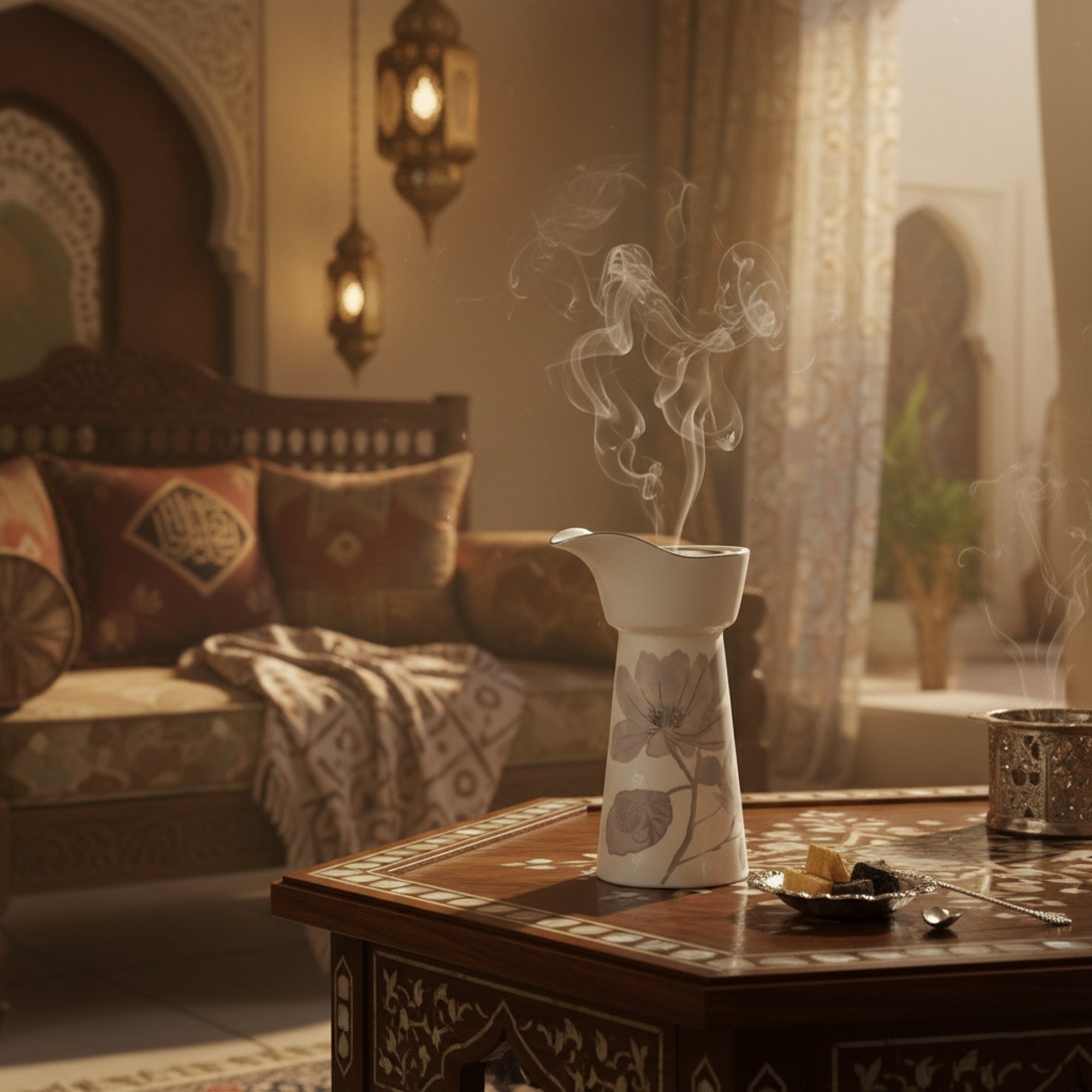 Decorative smoking device on a wooden table with a warm, ambient background