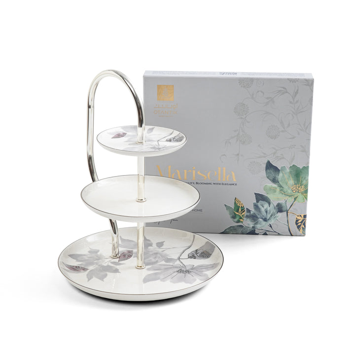 Three-tiered ceramic tray with floral design on a white background, featuring the brand 'Marisella'.