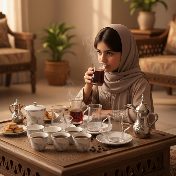 Woman in hijab drinking tea in a cozy living room setting
