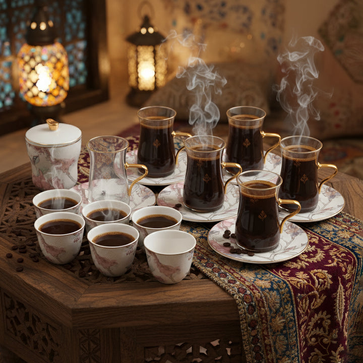 Traditional Turkish coffee setup with cups and a pot on a decorative table.