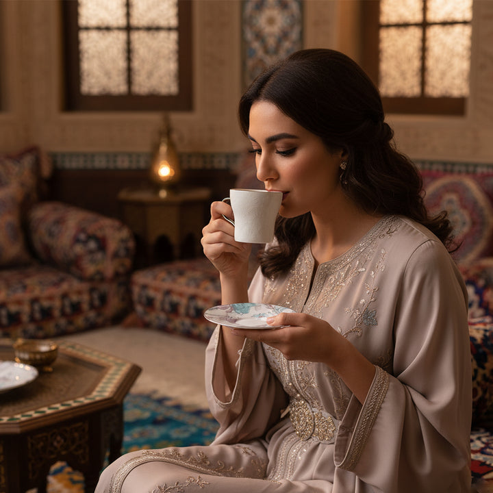 Woman in an ornate dress drinking from a cup in a decorated room.