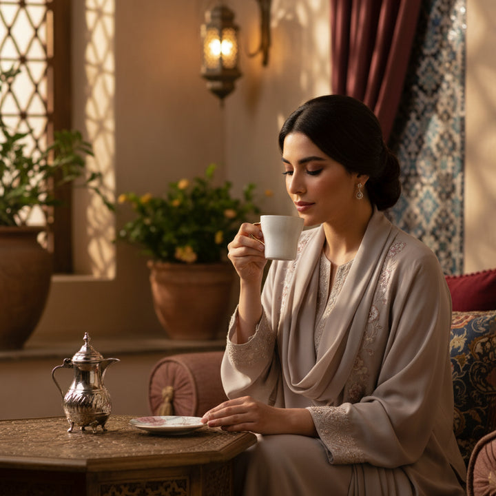 Woman in traditional attire holding a cup in a warm, decorated room.