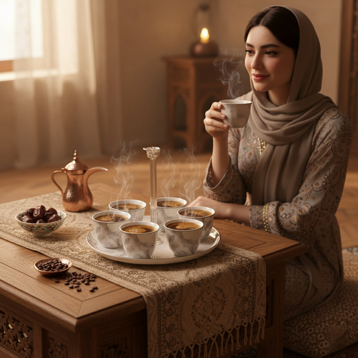 Woman in traditional attire holding a steaming cup of coffee in a warm, indoor setting.