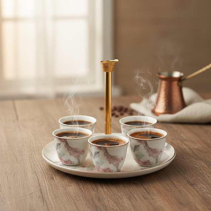 Set of small cups with steaming coffee on a wooden table, with a copper pot in the background.